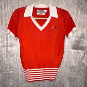 Tory Burch Sport Cashmere S/S Sweater Top {S} V Neck Collar Emb Flags 2017